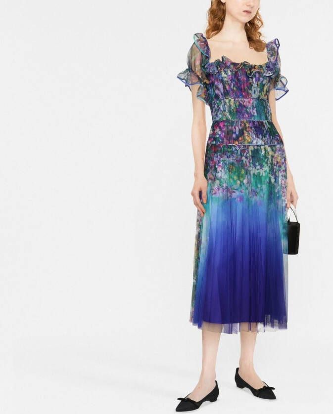 Marchesa Notte Midi-jurk met vierkante hals Blauw