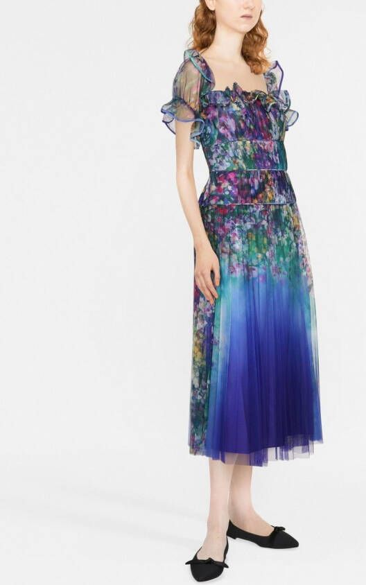 Marchesa Notte Midi-jurk met vierkante hals Blauw