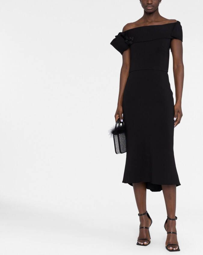 Marchesa Off-shoulder midi-jurk Zwart