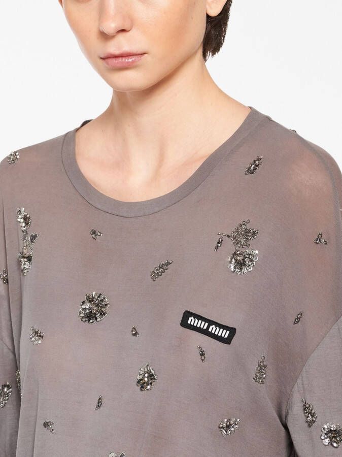 Miu Midi-jurk met geborduurde bloemen Grijs