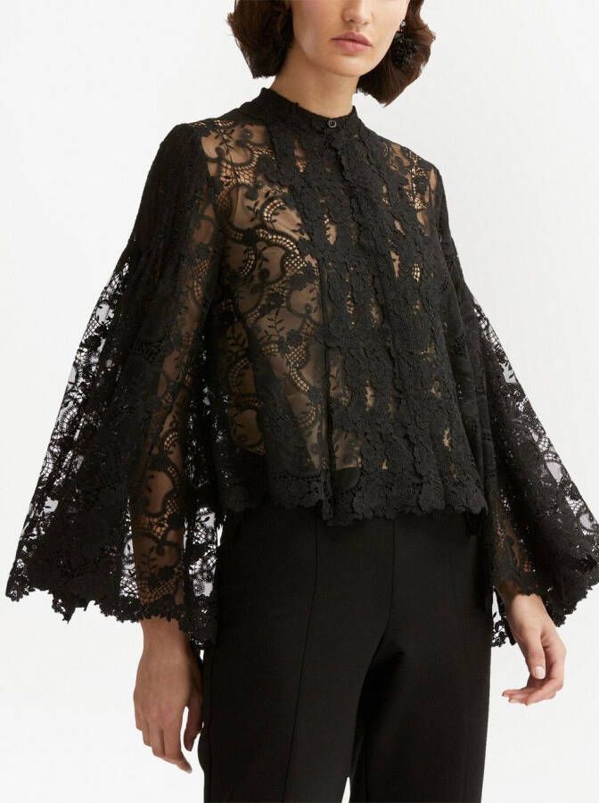 Oscar de la Renta Blouse met bloemenkant Zwart