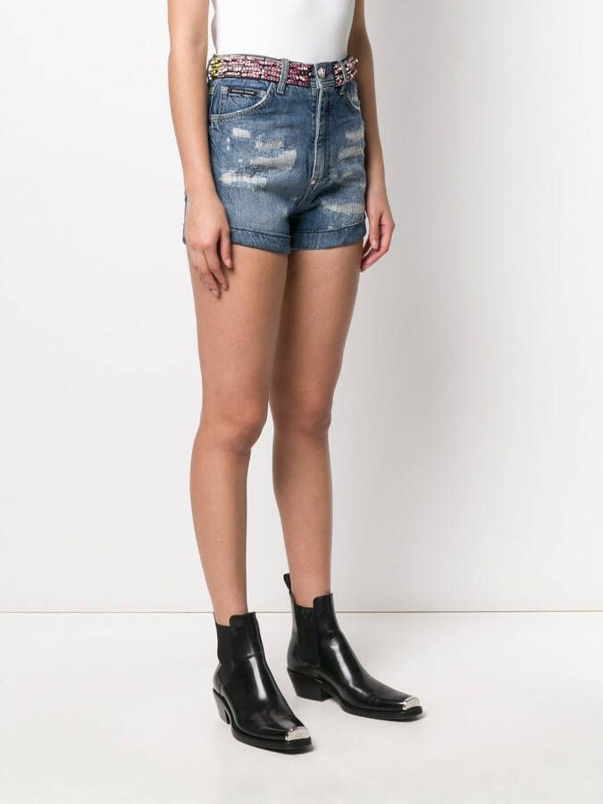 Philipp Plein Shorts verfraaid met stras Blauw