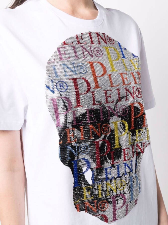 Philipp Plein T-shirtjurk met doodskop van stras Wit