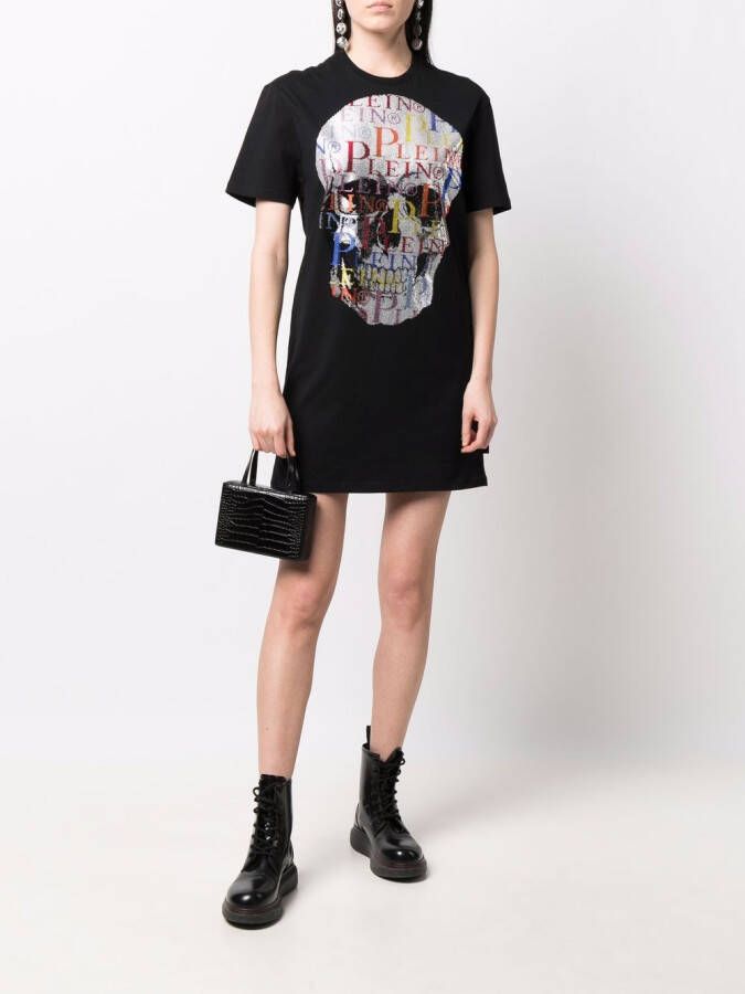 Philipp Plein T-shirtjurk met doodskop van stras Zwart