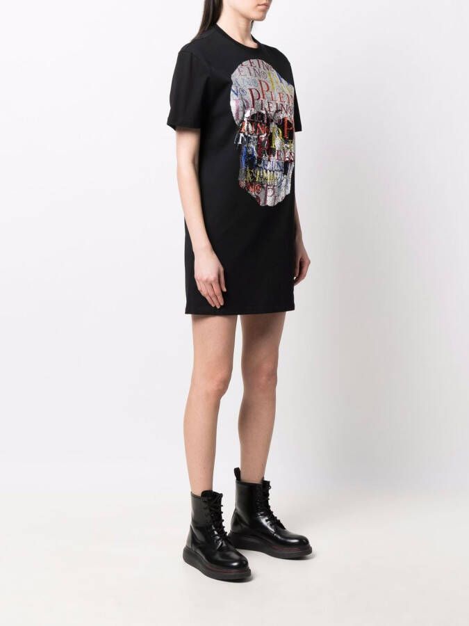 Philipp Plein T-shirtjurk met doodskop van stras Zwart