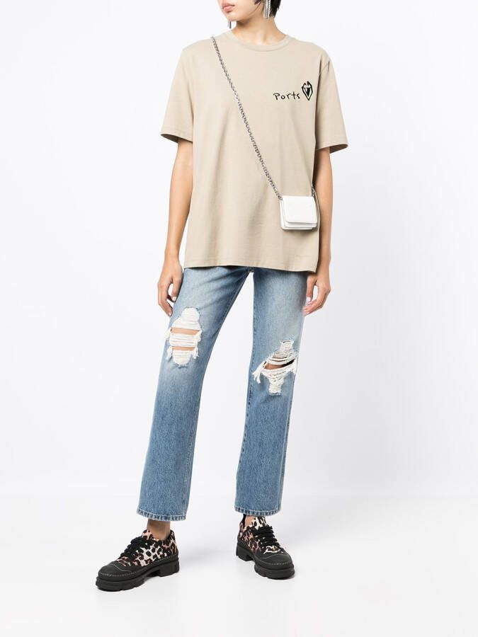 Ports V T-shirt met logoprint Bruin