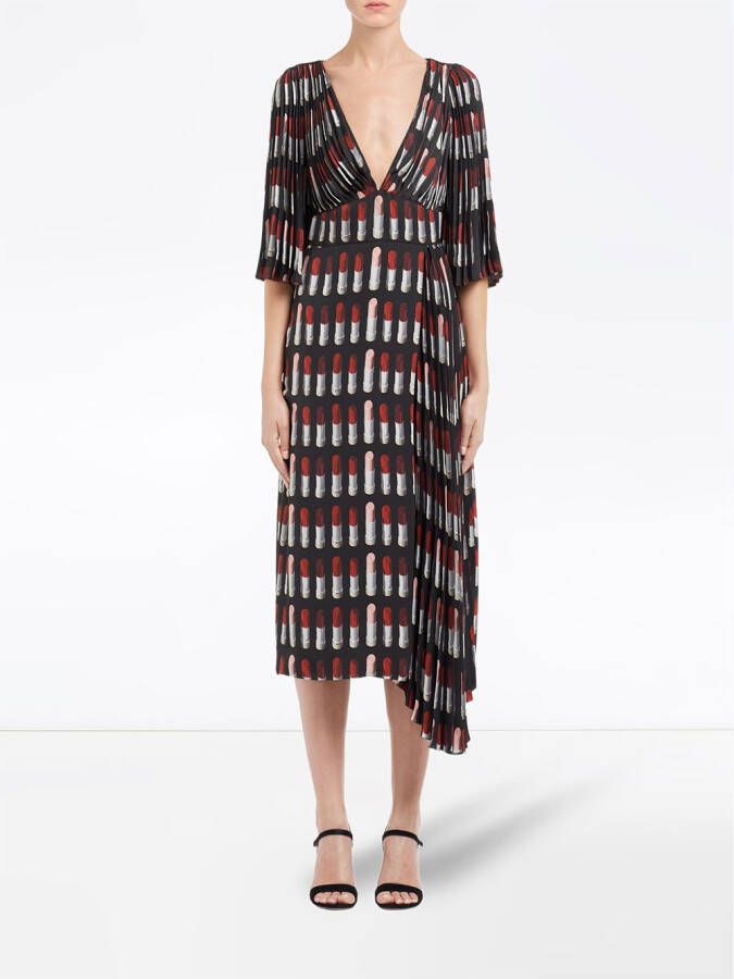 Prada jurk met twillweving en lippenstift print Zwart