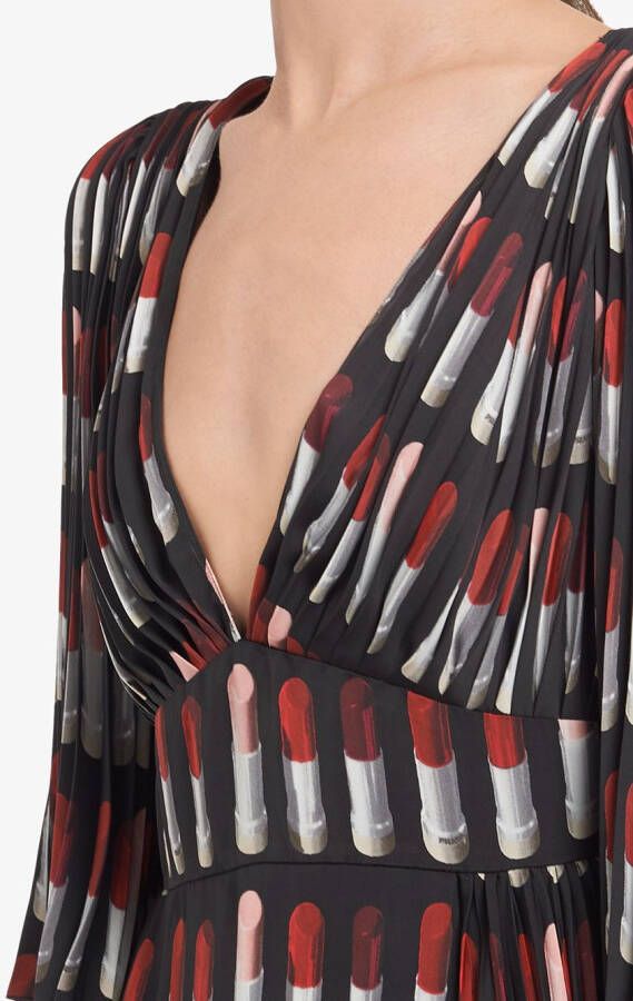 Prada jurk met twillweving en lippenstift print Zwart