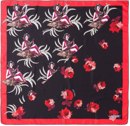 Prada Sjaal met bloemenprint Zwart