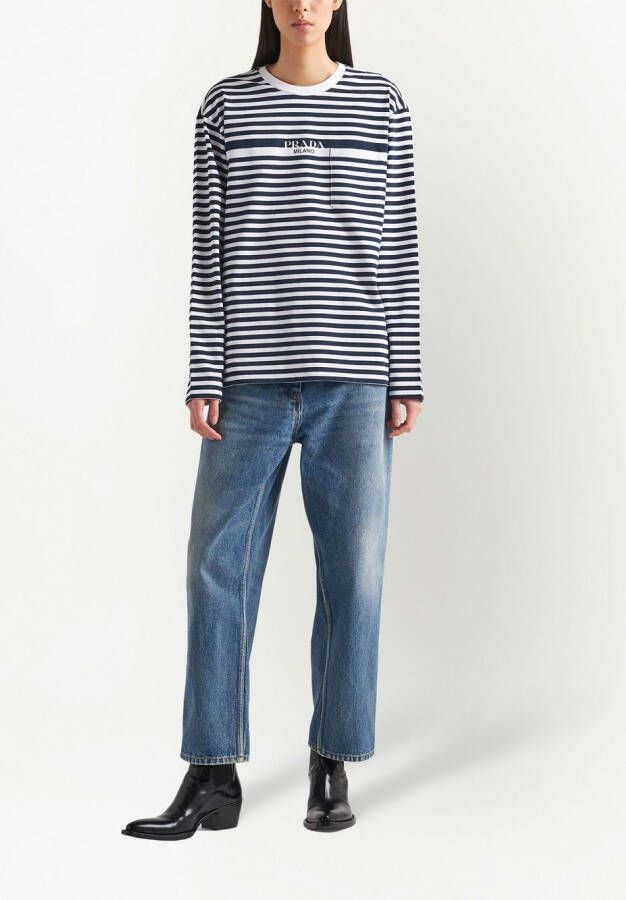 Prada Gestreept T-shirt met logoprint Blauw