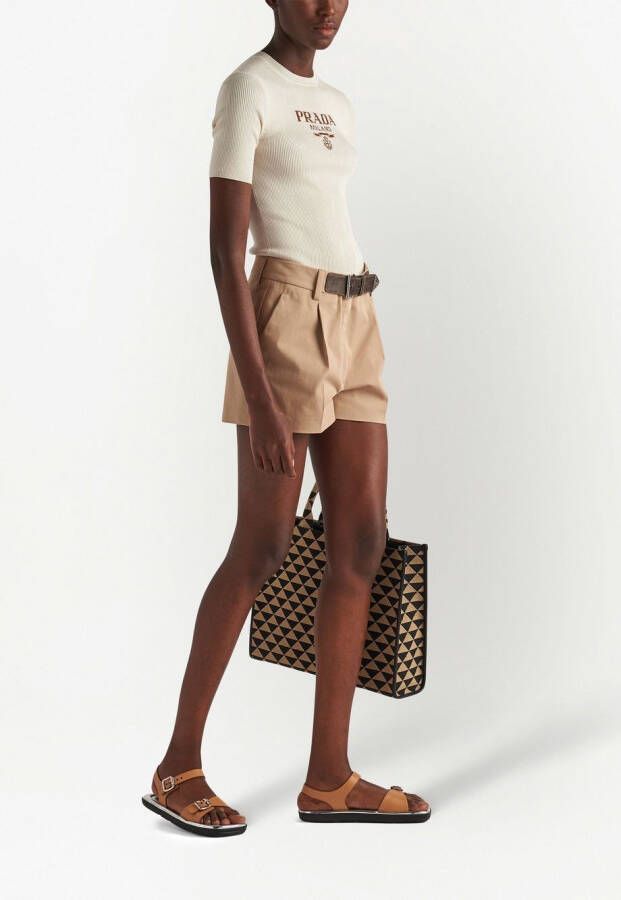 Prada Zijden trui met intarsia logo Beige