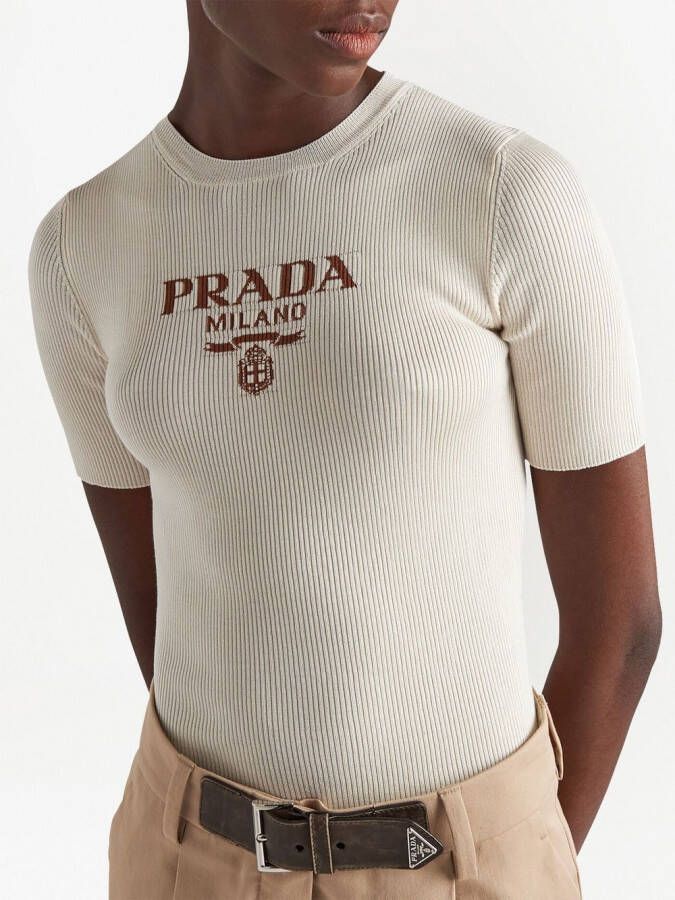 Prada Zijden trui met intarsia logo Beige