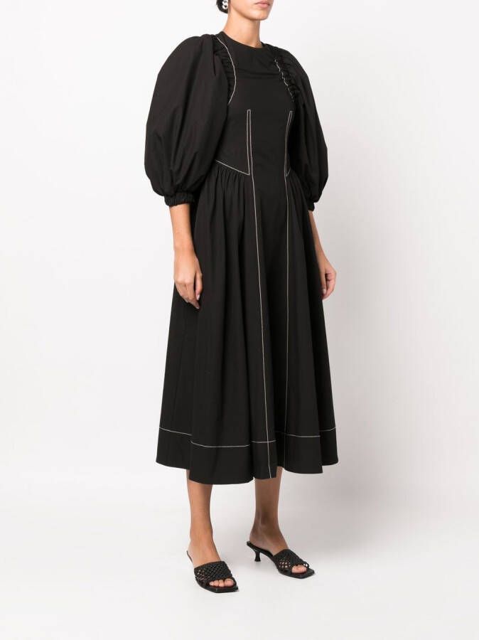 Rejina Pyo Midi-jurk met pofmouwen Zwart