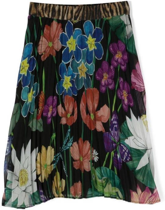 Roberto Cavalli Junior Plooirok met bloemenprint Zwart