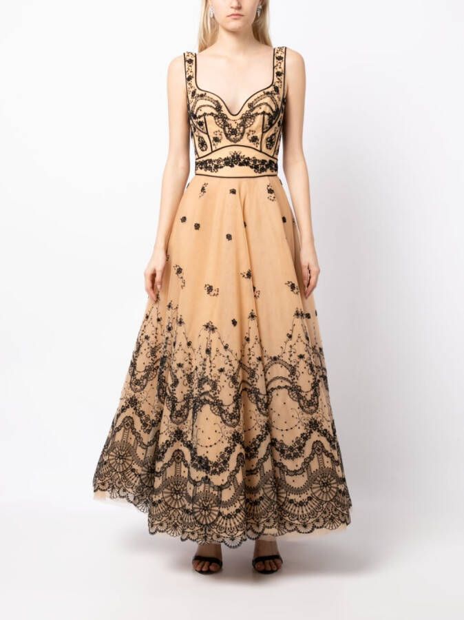 Saiid Kobeisy Jurk met geborduurde bloemen Beige