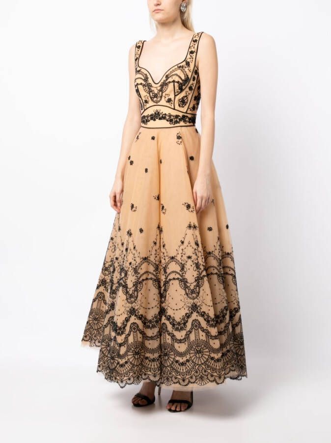 Saiid Kobeisy Jurk met geborduurde bloemen Beige