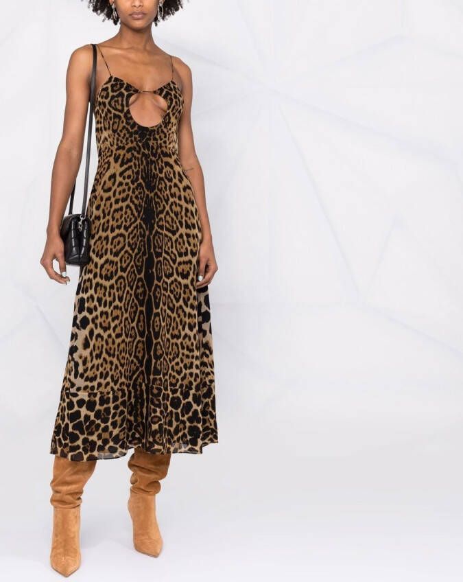 Saint Laurent Midi-jurk met luipaardprint Bruin