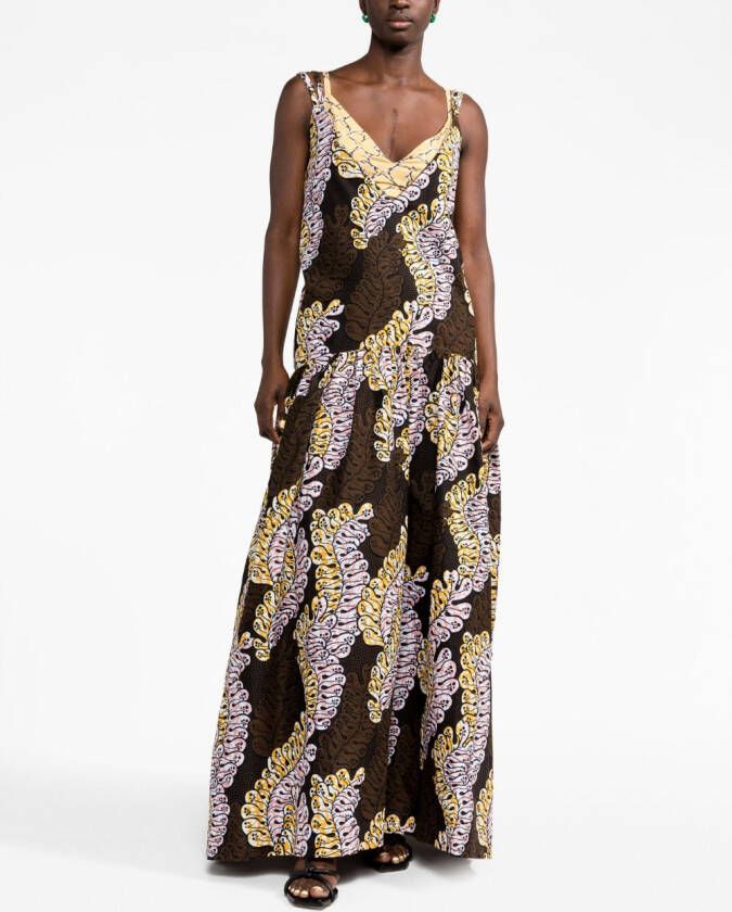 There Was One x Lisa Folawiyo maxi-jurk met abstracte print Bruin