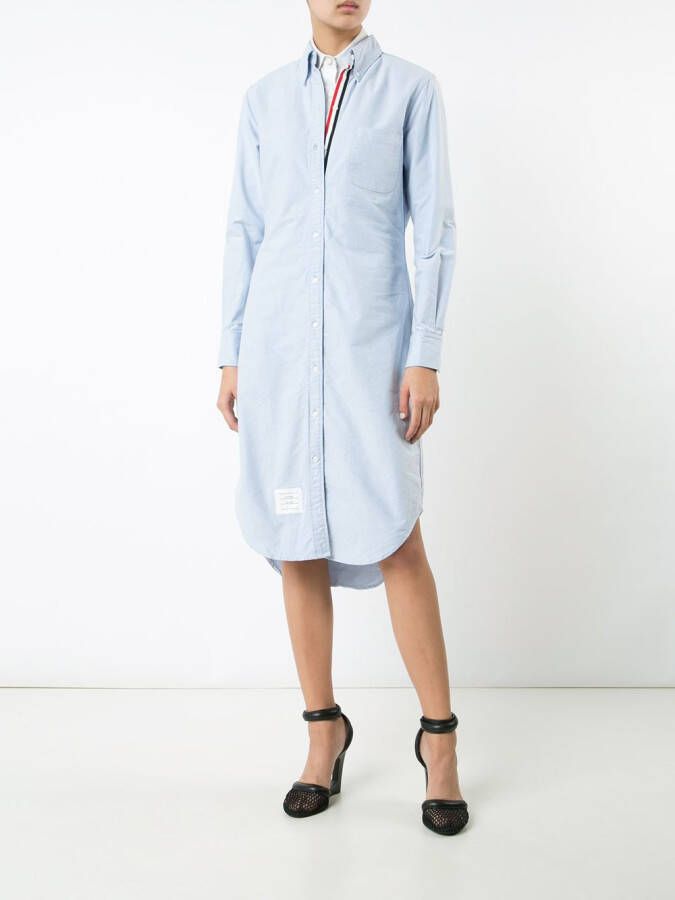 Thom Browne Button Down Knee Length Shirt Dress with Grosgrain Placket Blauw