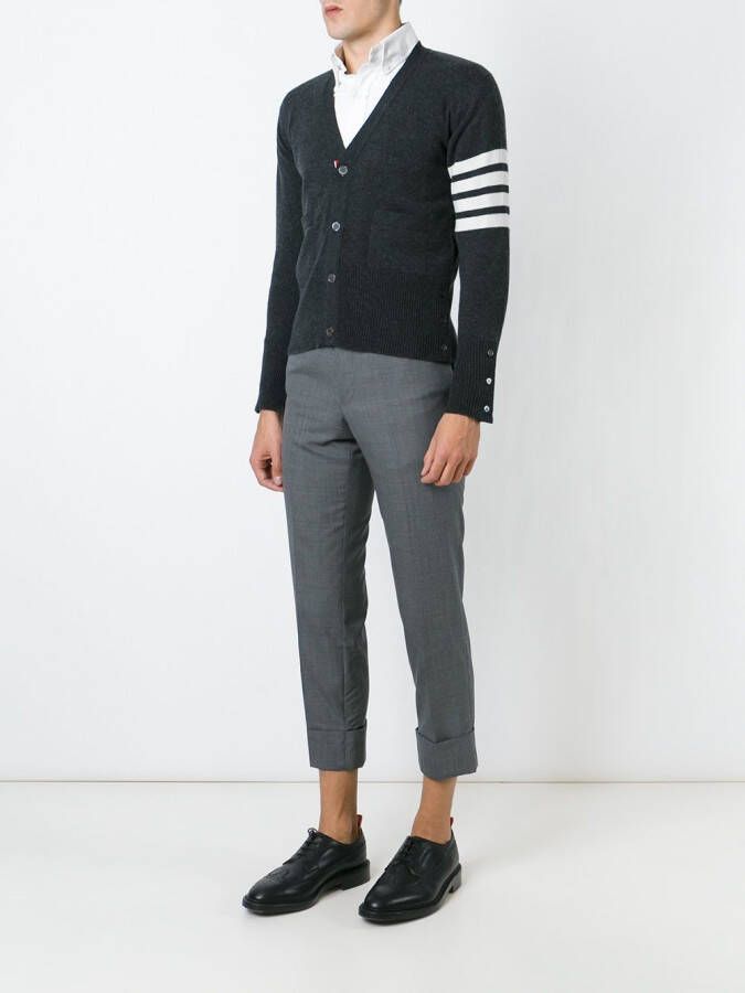 Thom Browne V-Neck Cardigan With 4-Bar Stripe In Dark Grey Cashmere Grijs