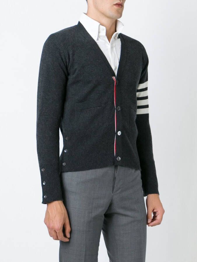 Thom Browne V-Neck Cardigan With 4-Bar Stripe In Dark Grey Cashmere Grijs