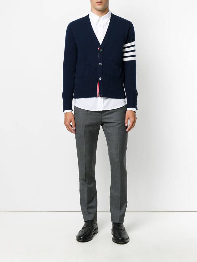 Thom Browne V-Neck Cardigan With 4-Bar Stripe In Navy Cashmere Blauw