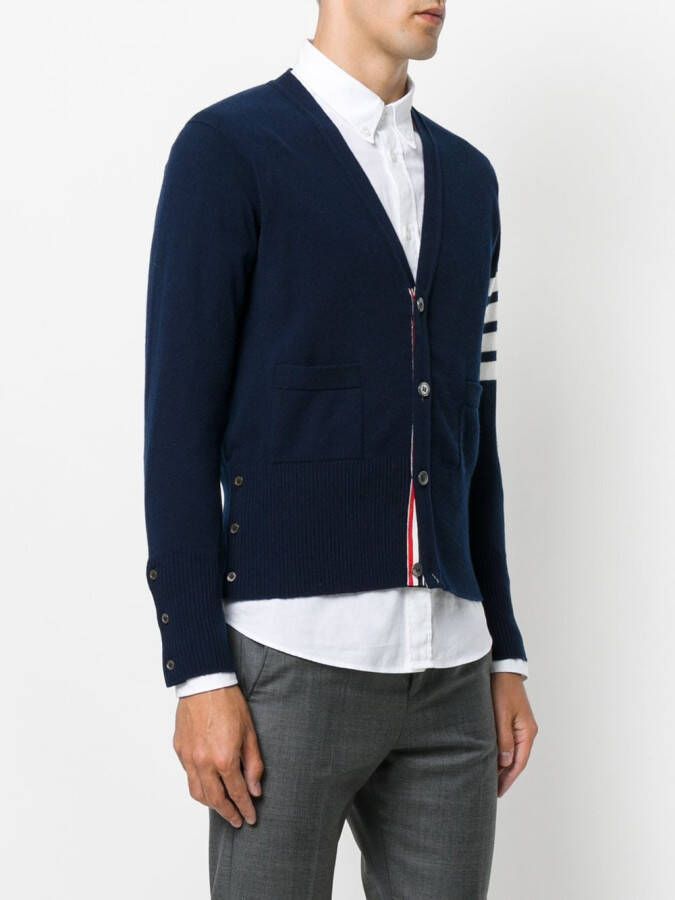 Thom Browne V-Neck Cardigan With 4-Bar Stripe In Navy Cashmere Blauw