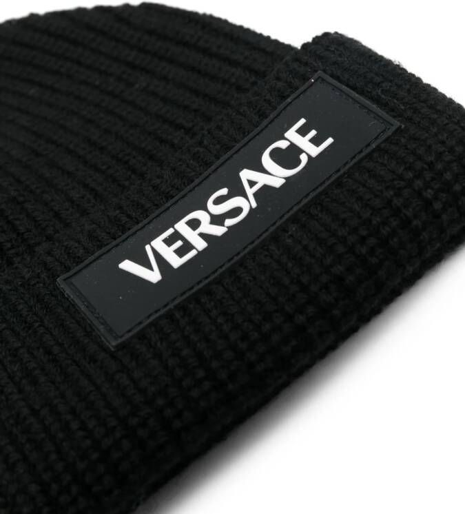 Versace Kids Geribbelde muts met logopatch Zwart