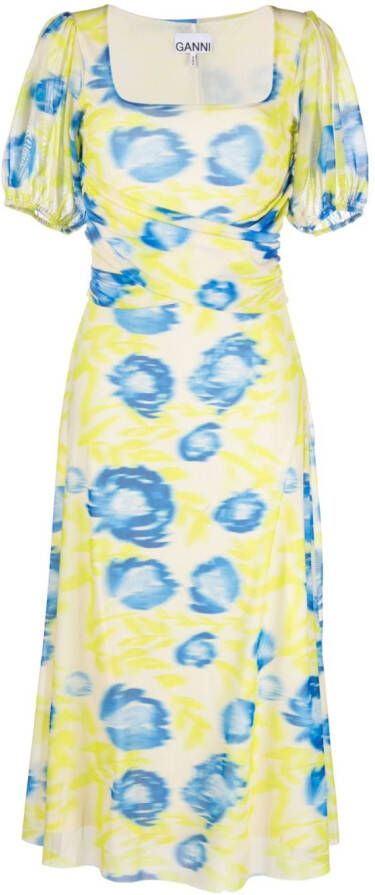 GANNI Midi-jurk met bloemenprint Blauw