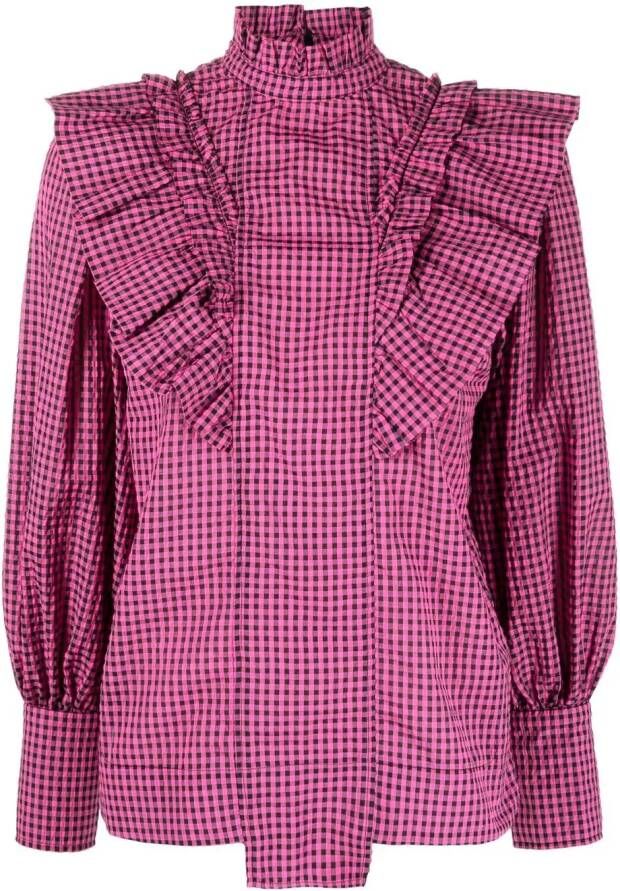GANNI Geruite blouse Roze
