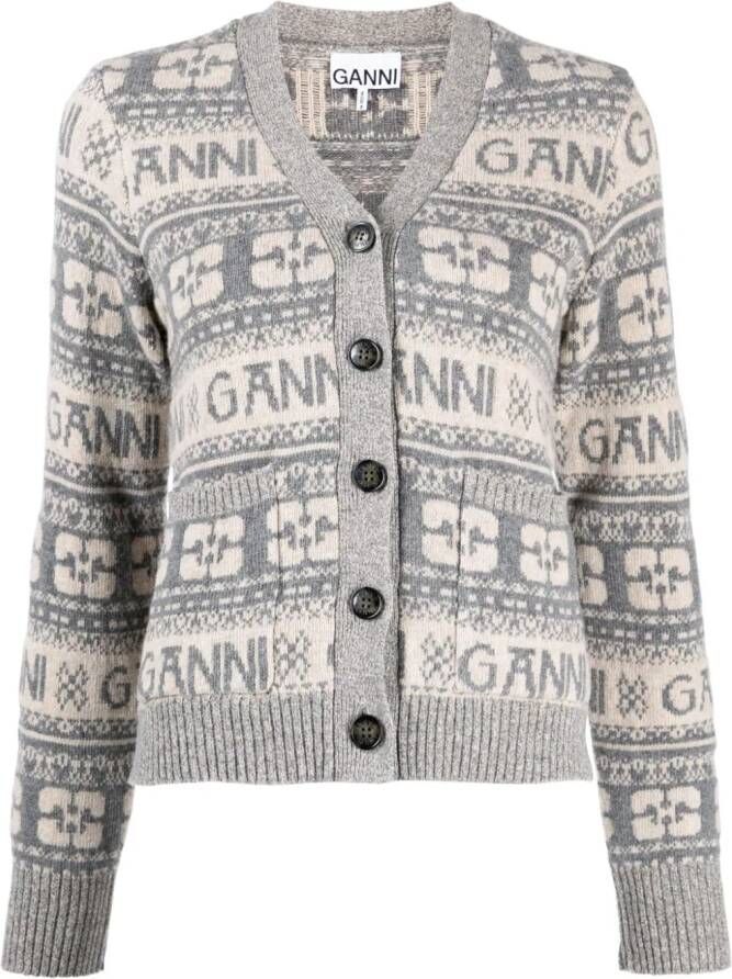 GANNI logo intarsia-knit V-neck cardigan Grijs