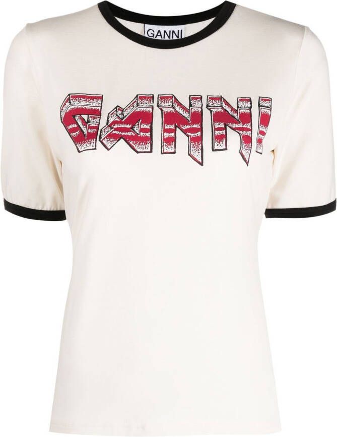 GANNI T-shirt met logoprint Beige