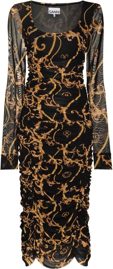 GANNI Midi-jurk met barokprint Zwart