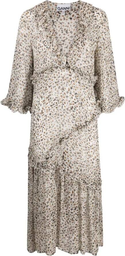 GANNI Midi-jurk met bloemenprint Wit