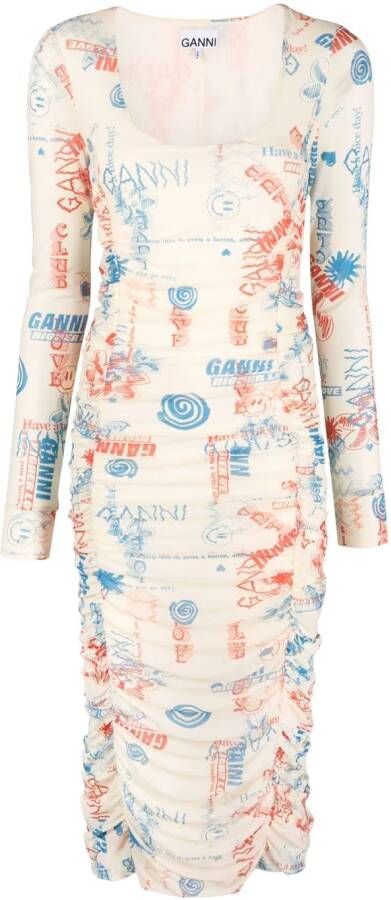 GANNI Midi-jurk met logoprint Beige