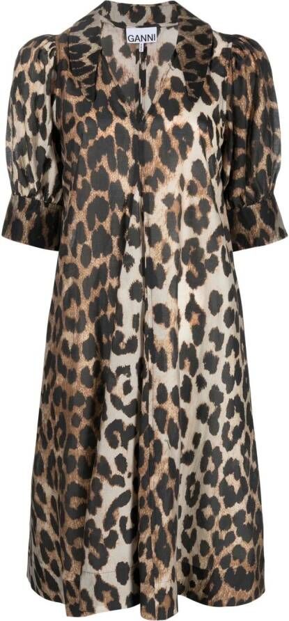 GANNI Midi-jurk met luipaardprint Beige