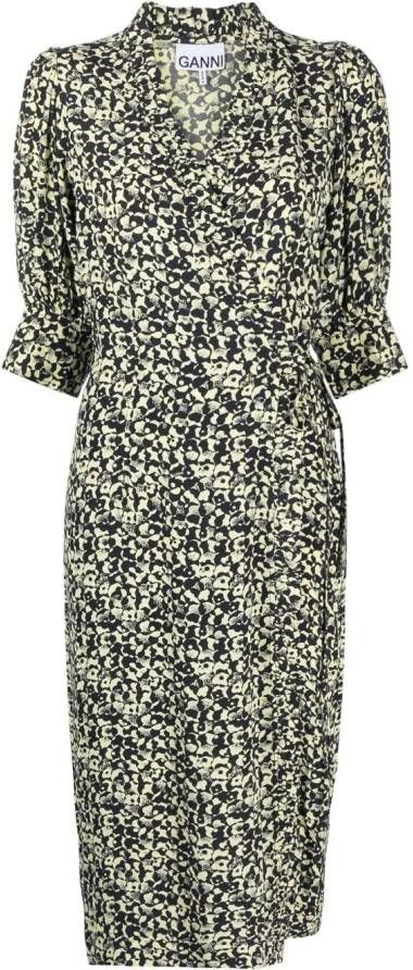 GANNI Midi-wikkeljurk met bloemenprint Zwart
