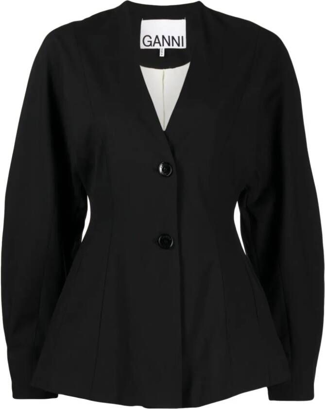 GANNI Blazer met enkele rij knopen en V-hals Zwart