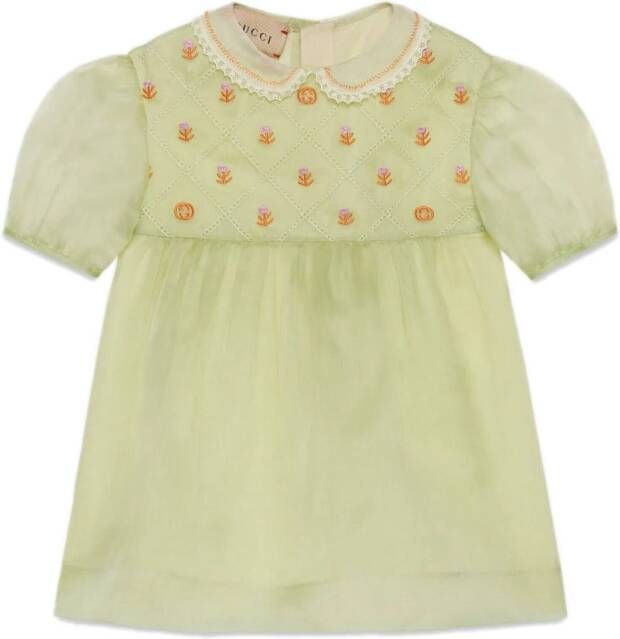 Gucci Kids Zijden organza jurk met geborduurde bloe Groen