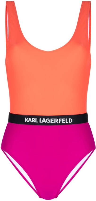 Karl Lagerfeld colour-block logo-band swimsuit Oranje