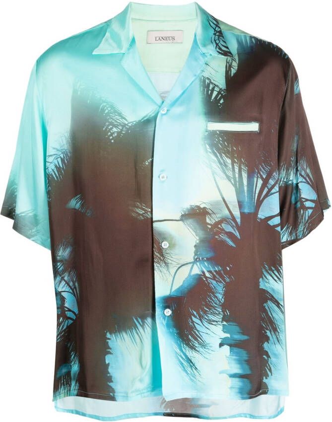 Laneus Overhemd met palmboomprint Blauw