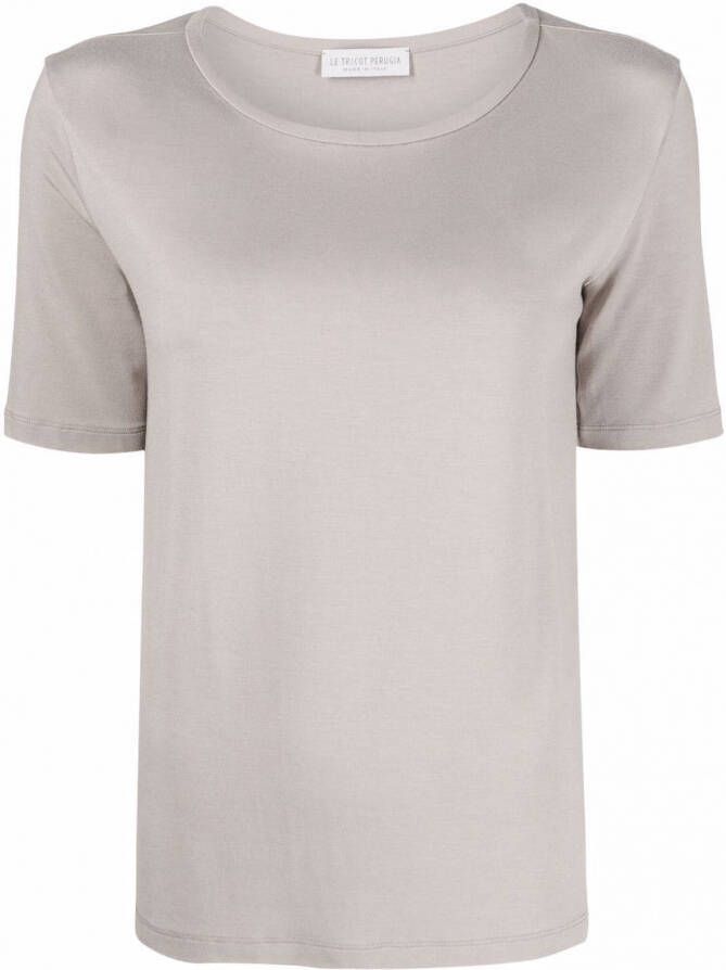 Le Tricot Perugia T-shirt met diepe ronde hals Beige