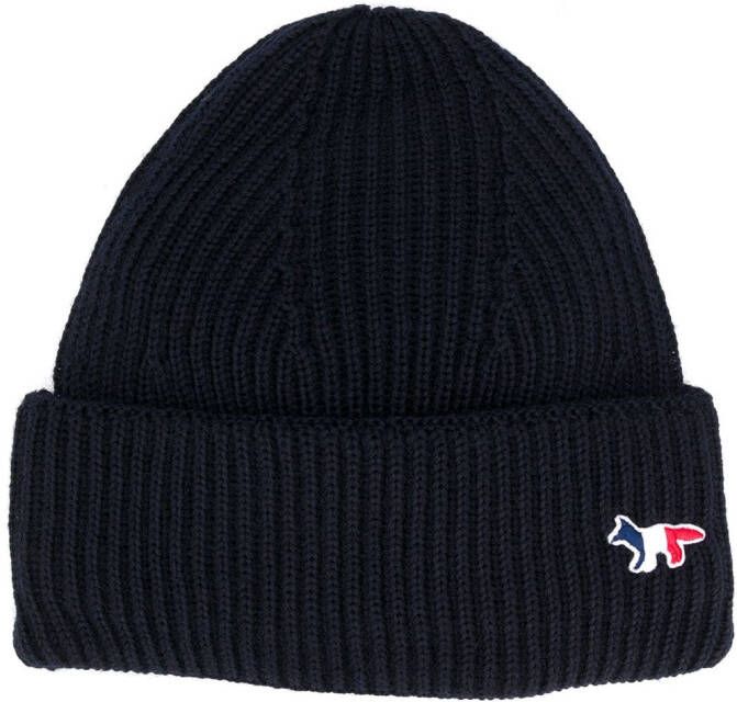 Maison Kitsuné Gebreide muts met patch Blauw
