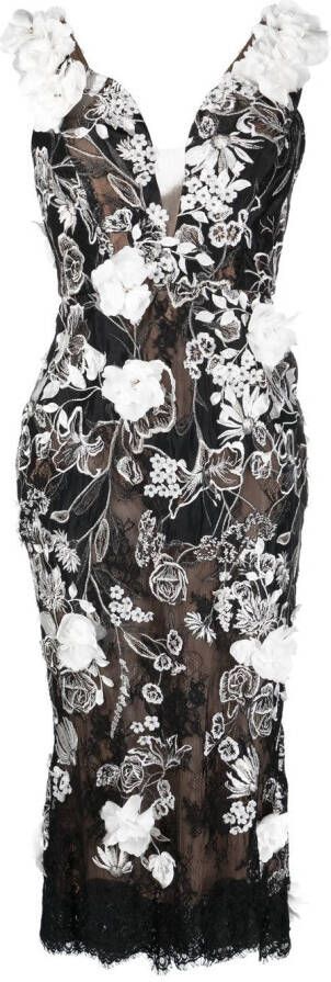 Marchesa Midi-jurk met bloemenpatch Zwart