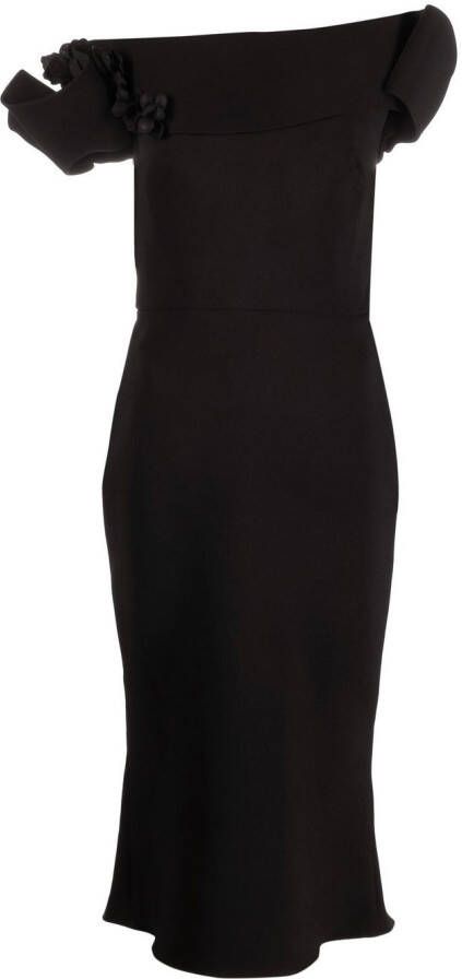 Marchesa Off-shoulder midi-jurk Zwart