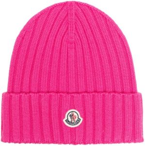 Moncler logo-patch ribbed beanie Roze