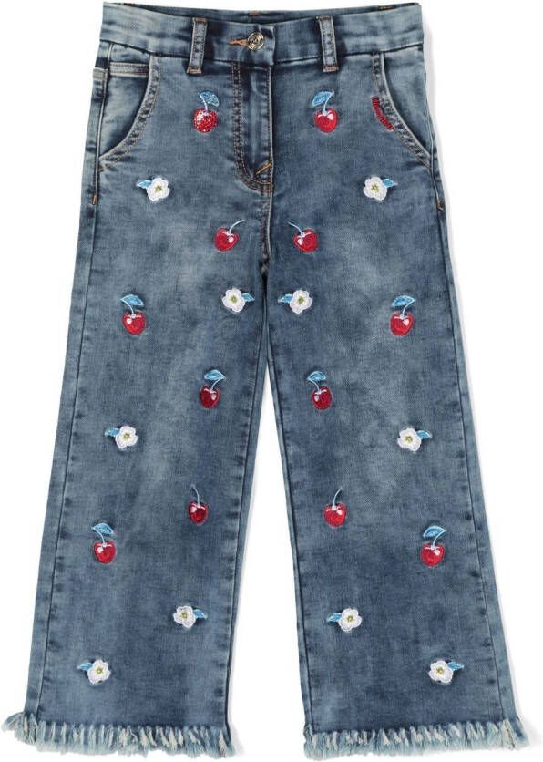 Monnalisa Jeans met geborduurde bloe Blauw