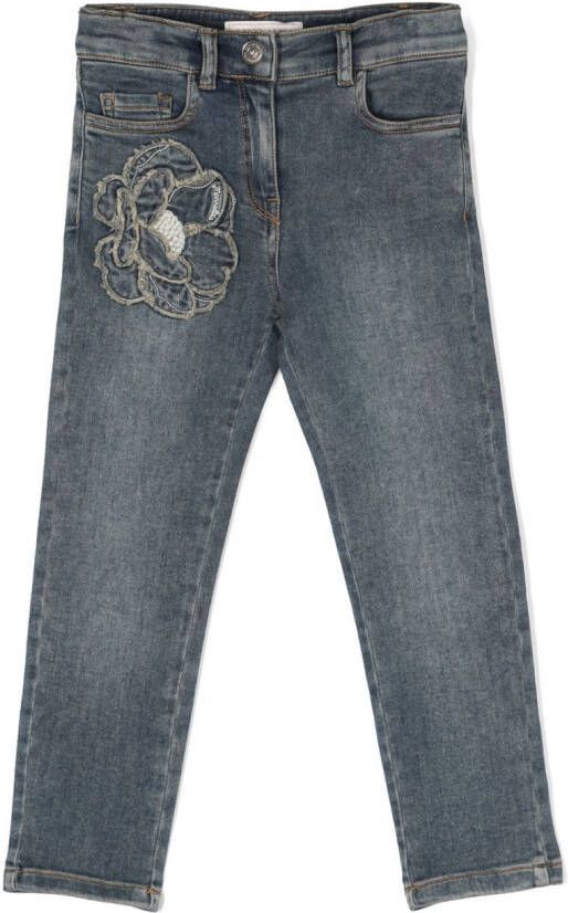 Monnalisa Jeans met geborduurde bloe Blauw