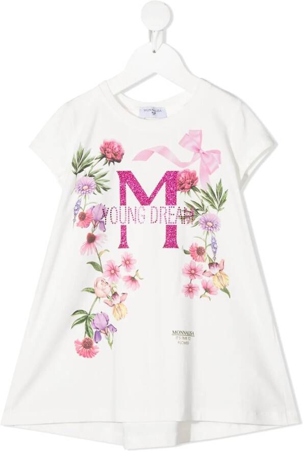 Monnalisa T-shirtjurk met bloe print Wit