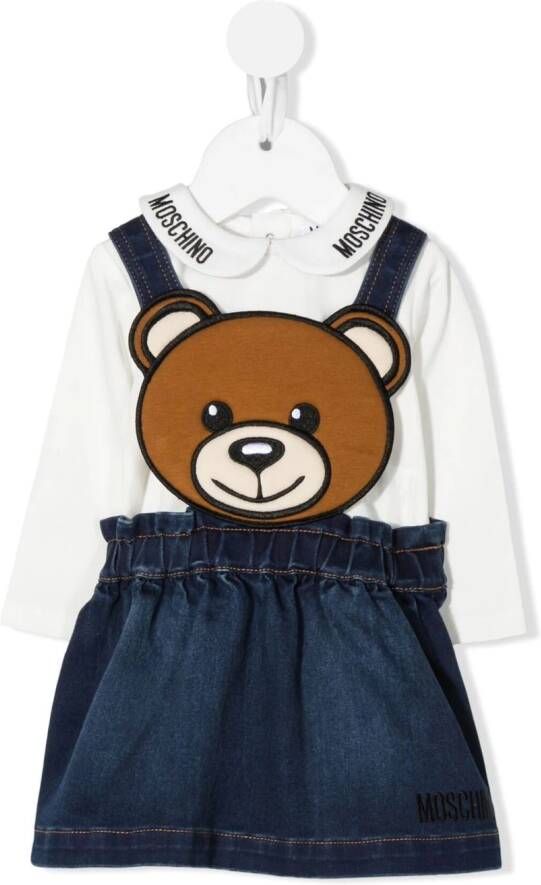Moschino Kids Tuinbroek jurk met teddybeerprint Wit